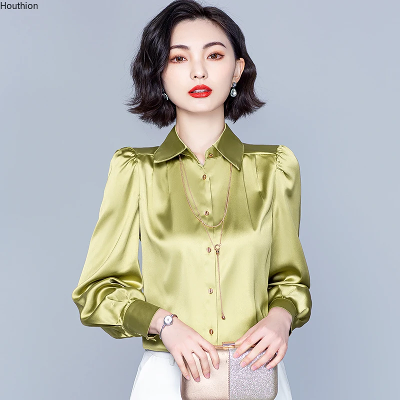 

Женская блузка Houthion, однотонный топ с воротником-поло, шелковая Повседневная модная рубашка с длинным рукавом, летняя блузка, Прямая постав...