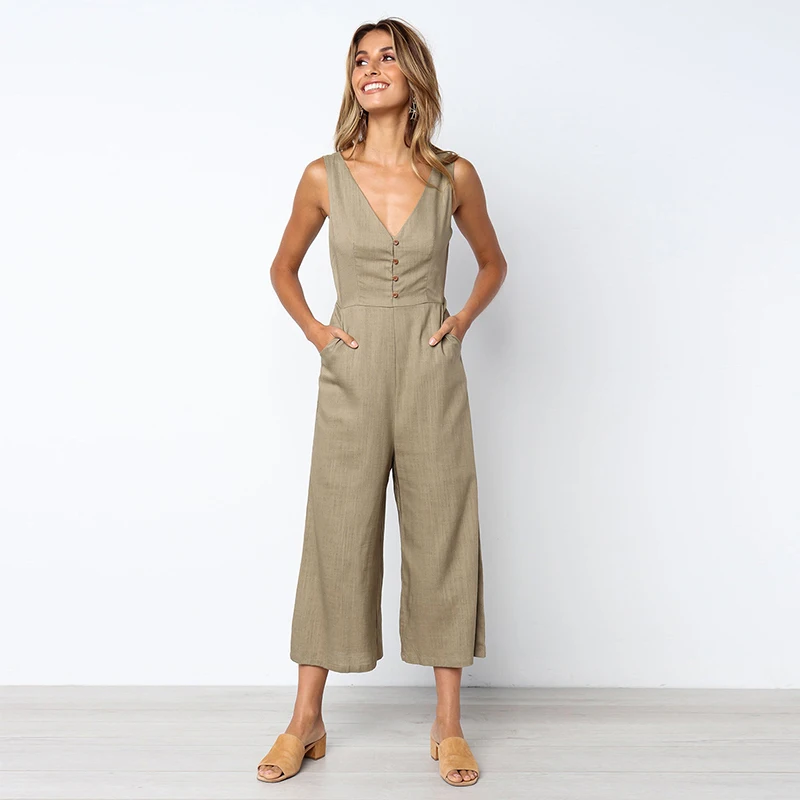 SWEETKAMA Jumpsuits Women Casual Cotton Linen Rompers Womens Jumpsuit Summer V Neck High Waist Wide Leg Jumpsuits White