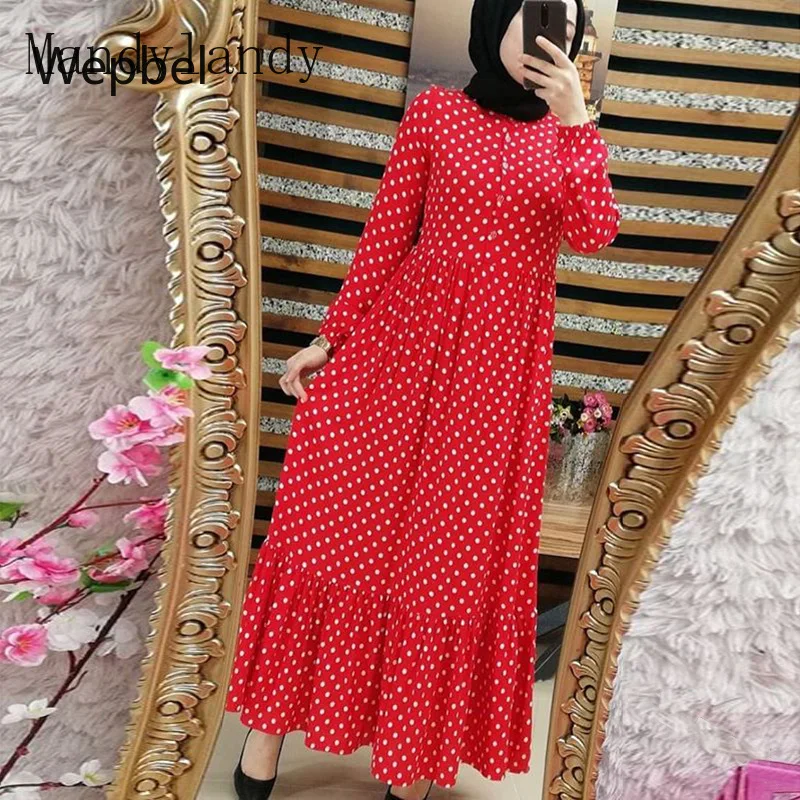 Wepbel мусульманская женская одежда, платье с длинными рукавами, в горошек, с принтом в горошек Макси платье халат с оборками Высокая Талия печ...