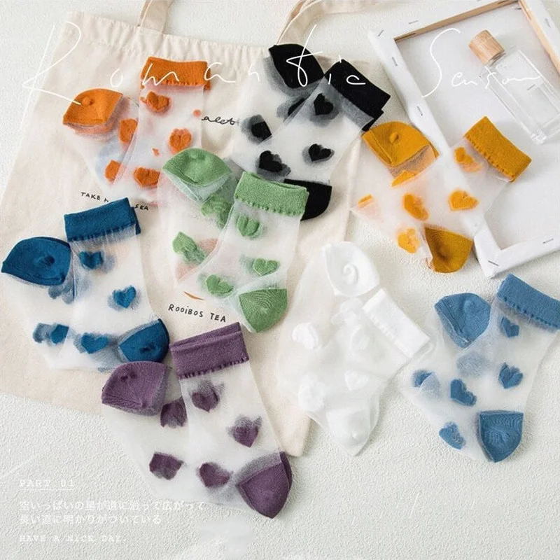 

Kawaii Girls Socks Summer Women Ultra-thin Breathable Crystal Silk Socks Heart Printed Korean Style Transparent Mesh Ankle Socks