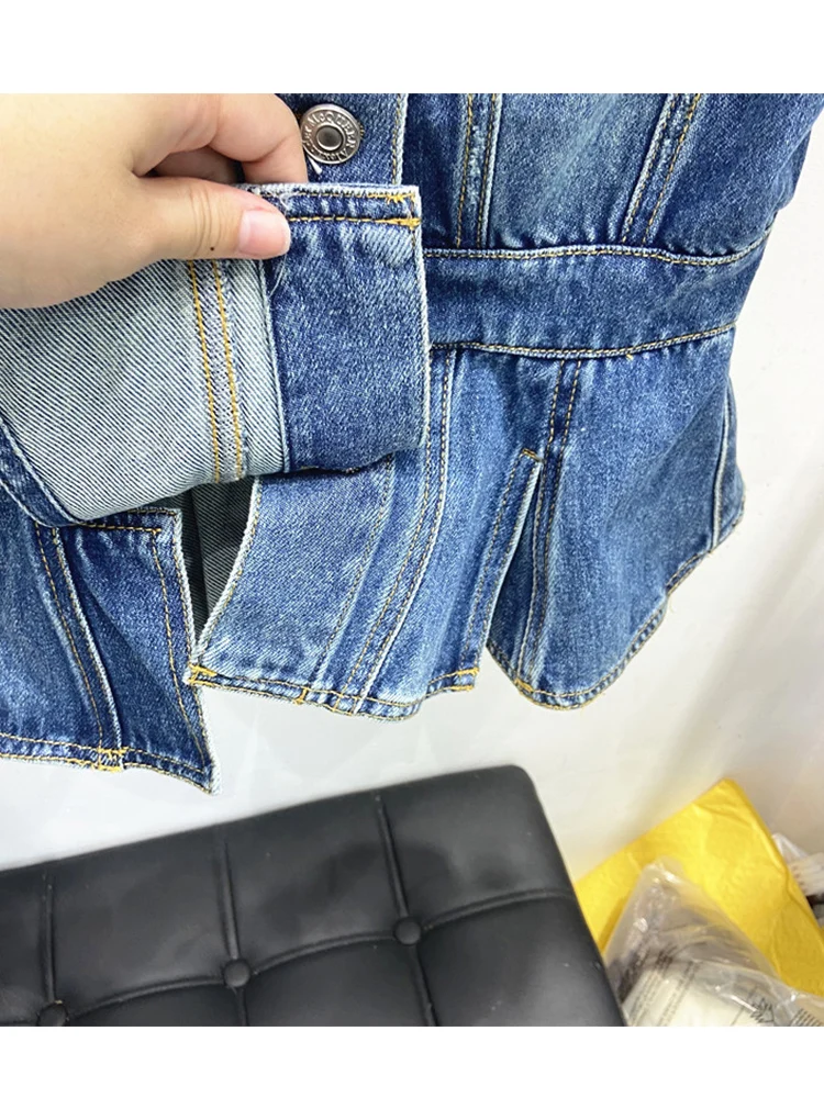 

Retro round neck single breasted bubble short sleeves waist waist skirt denim jacket ladies summer new fashion all-match tops