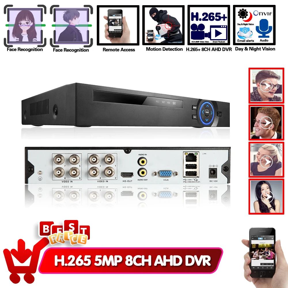 H.265 8CH AHD DVR NVR записывающее устройство обнаружение лица видеорегистратор 8