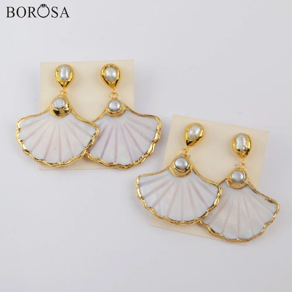 BOROSA 3/5 пар стильных; Американская Спортивная куртка; Белый сережки в виде ракушек с перламутровыми бусинами вентилятор ручной работы корпус с рисунком Длинные Висячие серьги ювелирных изделий G1897-E