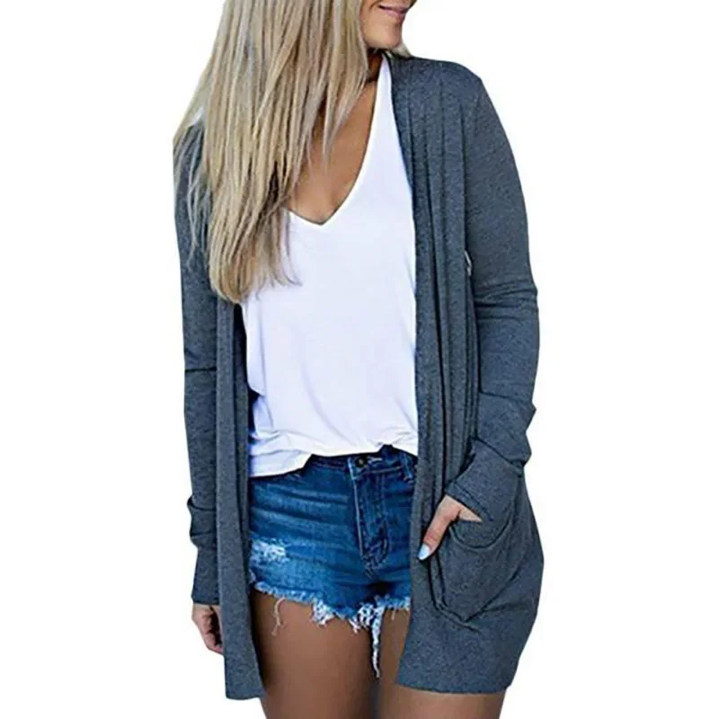 

Fashion Casual Autumn Long Jacket Coat Women Pockets Long Sleeve Slim Knitted Solid V-Neck Cardigan Outwear Sweater Plus Size