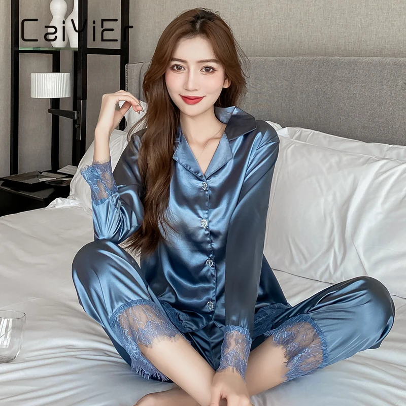 CAIYIER Sexy Satin Lace Trimmed Pajama Set Autumn Women Long Sleeve Silk Pyjamas Winter Casual Sleepwear Homewear 2Pcs Nightwear