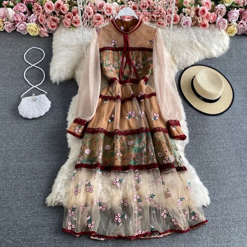 

Long Elegant See Through Lantern Sleeve Mesh Dress Flower Embroidery Stitching Lace Trims High Waist Sweet Bow Party Long Dress