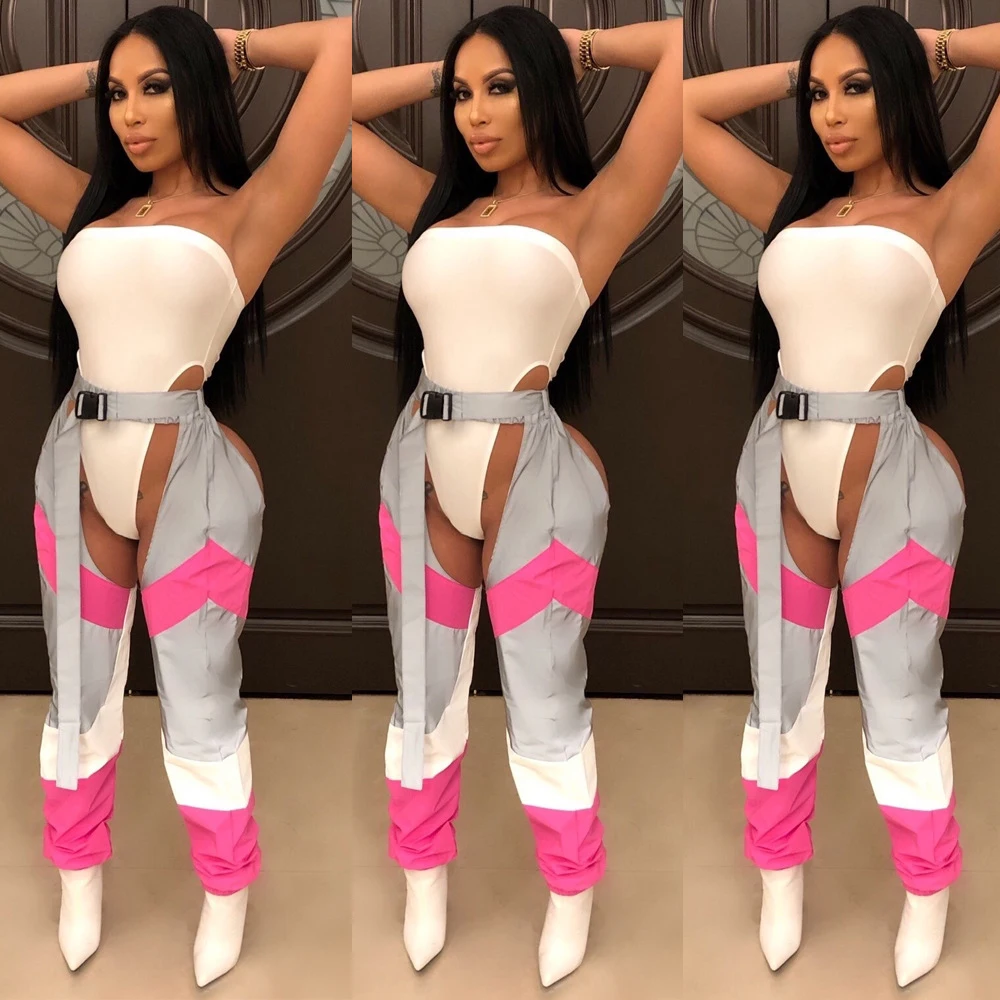 

Sexy Casual Outfits Women Strapless Sleeveless Top Print Open Crotch Pants With Sashes Hollow Out Two Piece Set Femme