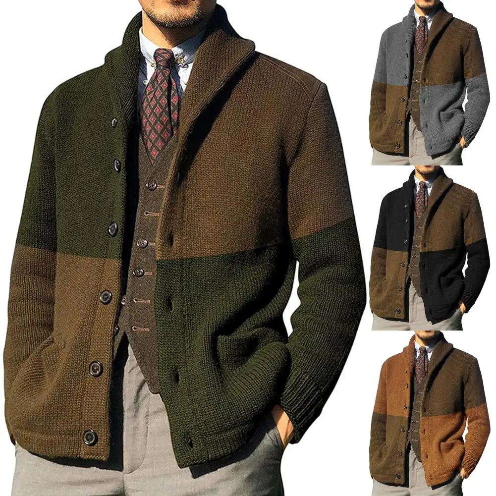 

Defacto Fashion Men's Winter Sweater Coat Color Block Lapel Slim Casual Knit Cardigan Single-Breasted Comfy Outwear for Office