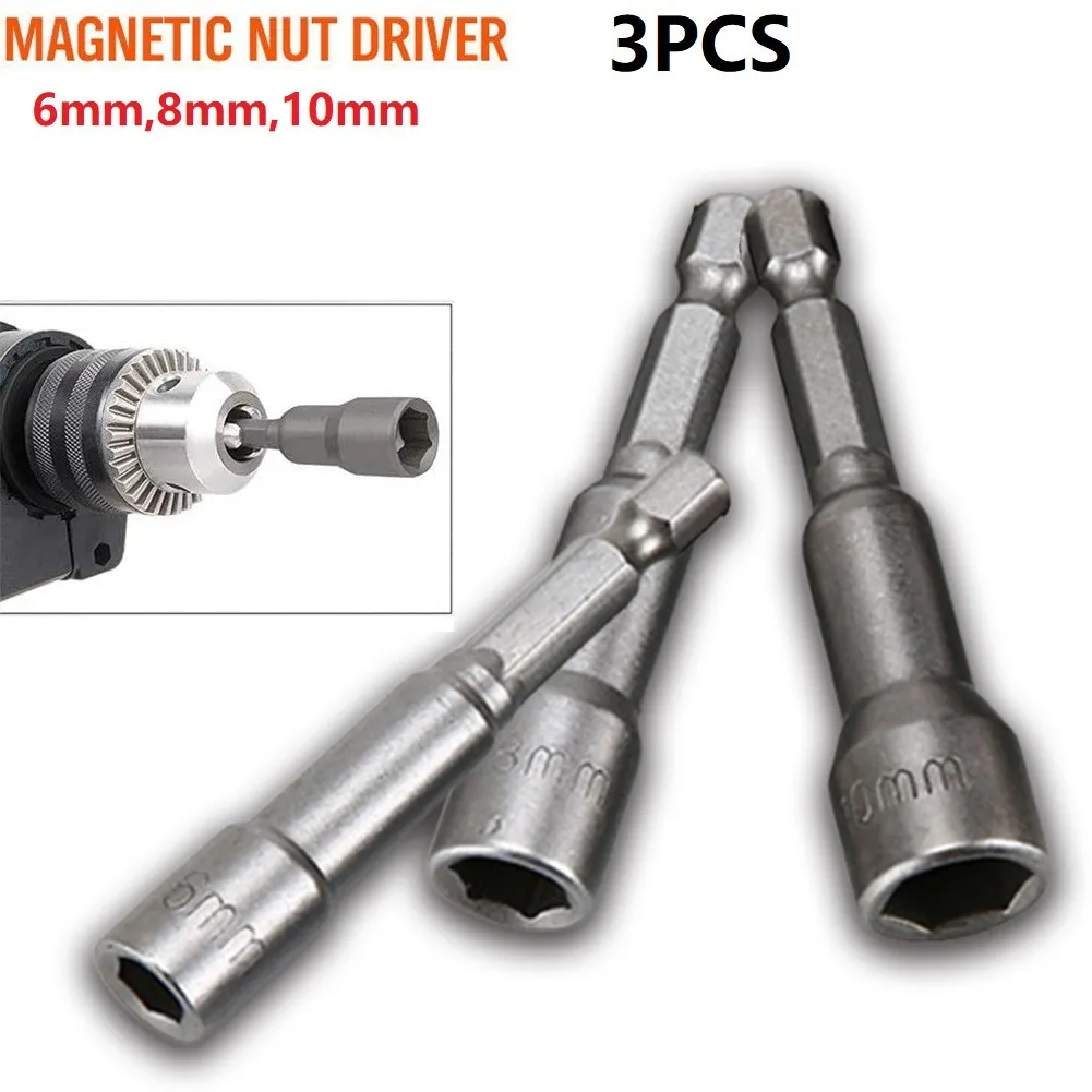 

3pcs 6/8/10mm Magnetic Nut Screwdriver Socket Bit 1/4inch Hex Shank 65mm Driver Adapter Power Tools Drills Impact Drivers