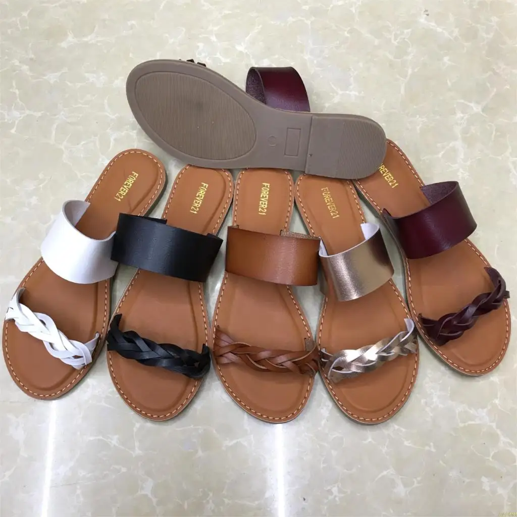 Factory direct women's leather solid color two-layer flat bottom beach seaside holiday fashion slippers | Обувь