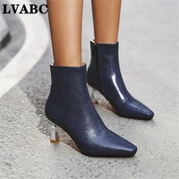 2020 new pu patent leather fashion thin high heel zipper ankle boots autumn winter pointed toe party women shoes size 34 43