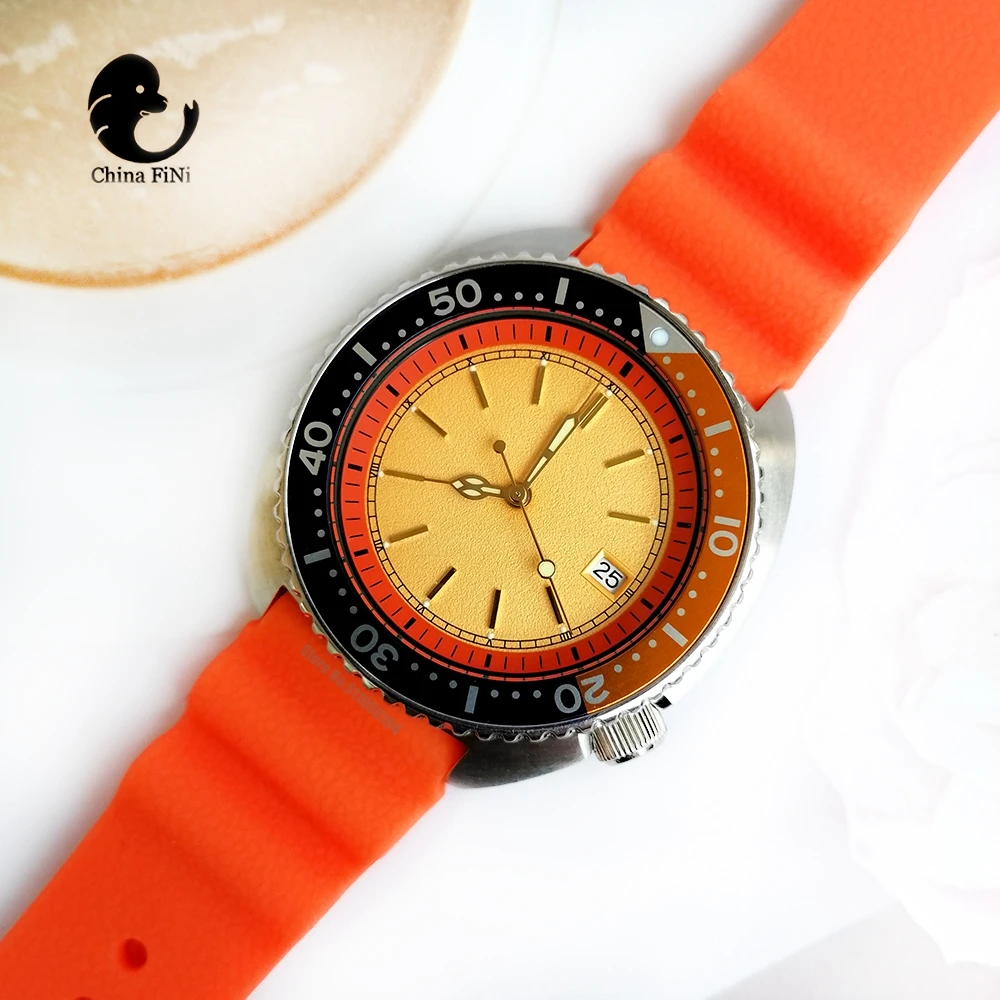 

Мужские водонепроницаемые часы с автоматическим механическим оранжевым ремешком и желтым циферблатом