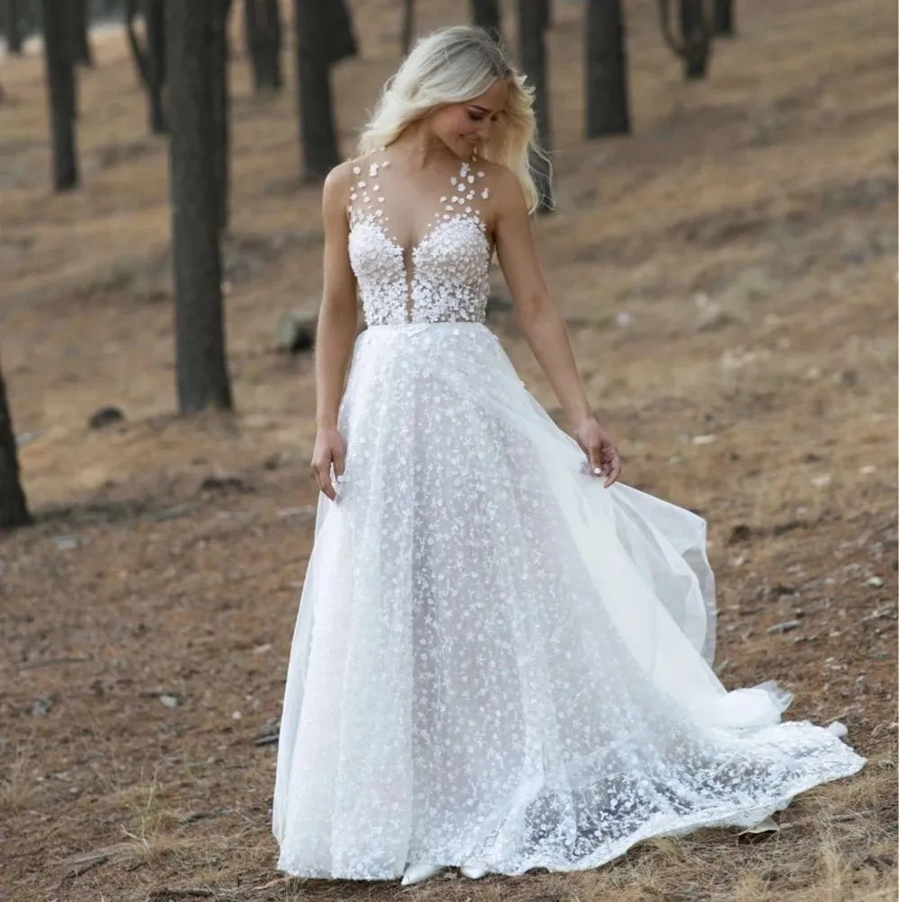 

French Lace Appliques Wedding Dresses with Bow Sleeveless V-neck Beach Bridal A-line Charming Princess Party Gown Robe de mariée