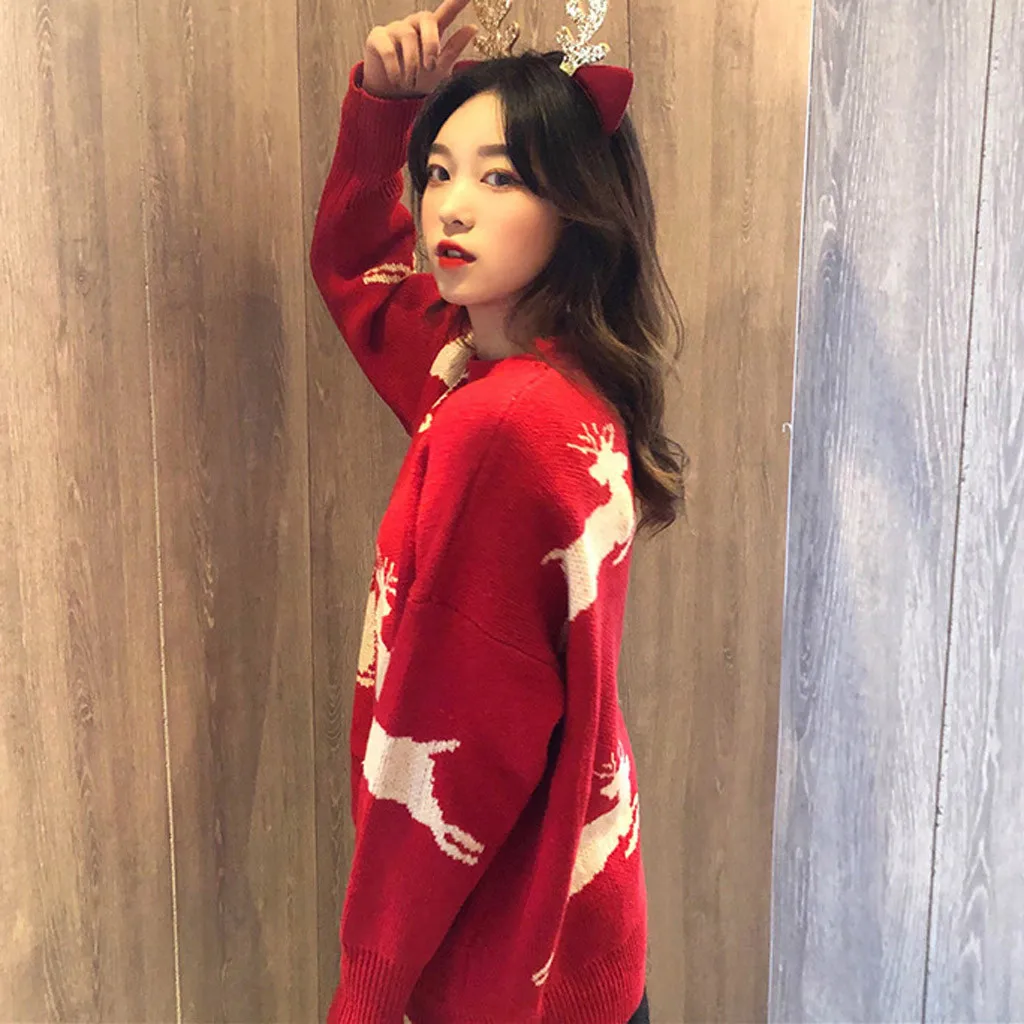Christmas Women Sweater Santa Claus Reindeer Printed O-neck Long Sleeve Women Pullovers Winter Jumpers Knitwear Sweater