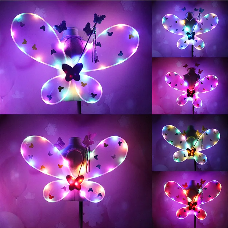 2022 New Flash Butterfly Wing Headband Wands Dress Kids Princess Props Birthday Gift Hallowmas Glow Party Supplies