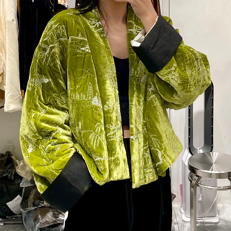

Super Beautiful Mustard Green Hanfu Silk + Velvet Fabric Long-Sleeved Top Chinese Retro Embroidery Lady Short Cotton Jacket M-XL