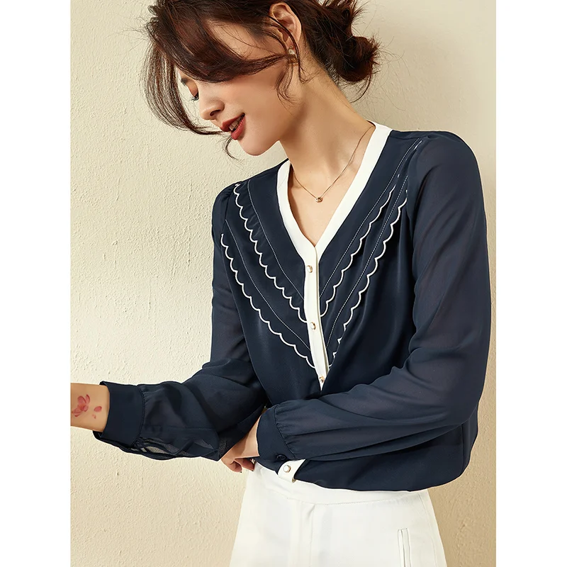 

Женская шифоновая блузка, дизайнерская нишевая рубашка большого размера с V-образным вырезом и длинным рукавом, Новинка весна-осень 2021