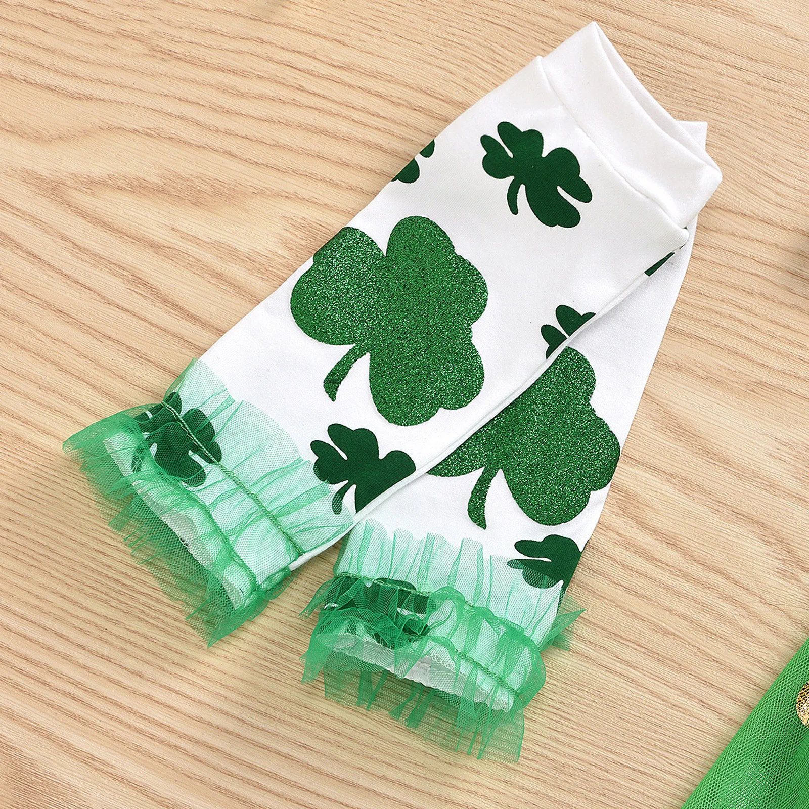 

Girls St. Patrick's Day Clover Short Sleeve Lettermy First St.patrick's Dayprint Romper+tutu Skirt+leg Sleeve+hair Tie Set