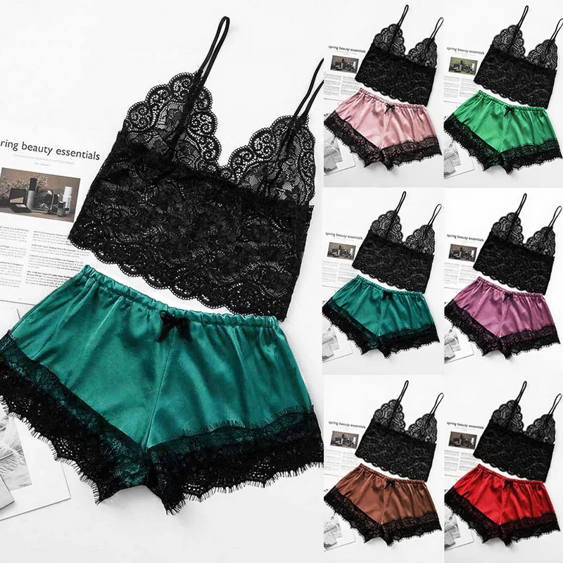 

2pc Pijama Women Pajamas Sets Sexy Lace Bralette Shorts Bathrobe Nightwear Sleepwear Suits Satin Pajamas For Women Pijama Mujer