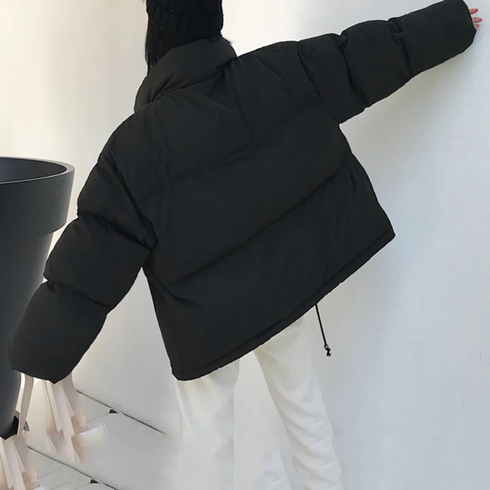 PUIMENTIUA Winter Warm Jacket Women Stand Collar Solid Black White Female Down Coat Loose Womens Plus Size Short Parka New