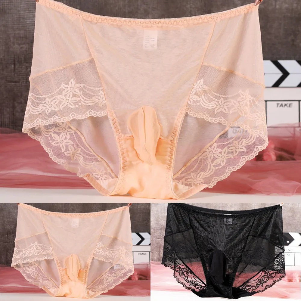

Men Lace See-through Underwear Sexy Sissy Bugle Pouch Briefs Thong Panties 2021 Hot Sexy Mini Briefs Low Waist Smooth Nylon Male