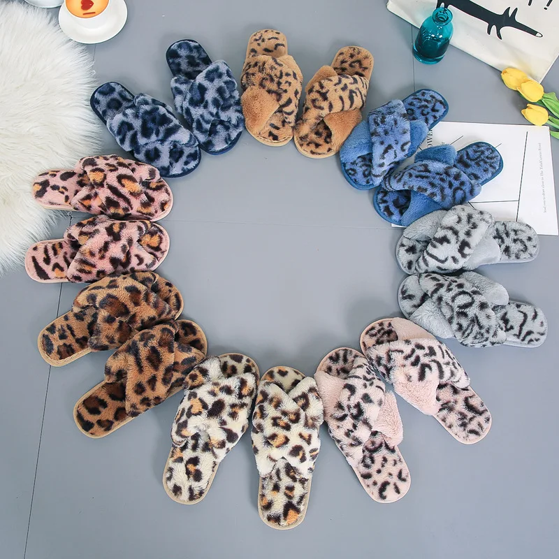 2021 Leopard Print Cross Design Plush Slippers Women Warm Fluffy Cozy Faux Fur New Flat Bottom Home Flip-flops | Обувь