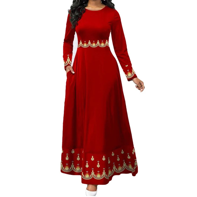 

European American Cross Border womens Retro Print High Waist Long Dress Spring Autumn Long Sleeve Skirt Tall Waist 512430