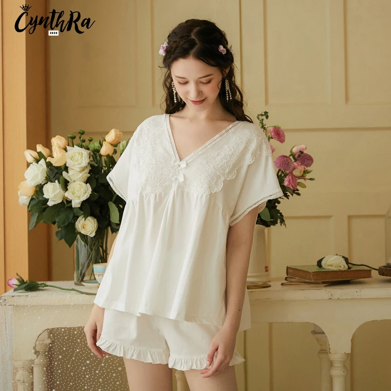 CYNTHRA/Хлопковая пижама с короткими рукавами Костюм Женские летние шорты в стиле