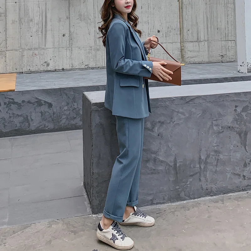 

Fashion Women Blazer Suits Long Sleeve Double- breasted Blazer Pants Suit Office Ladies Two-piece Blazer Sets 2021