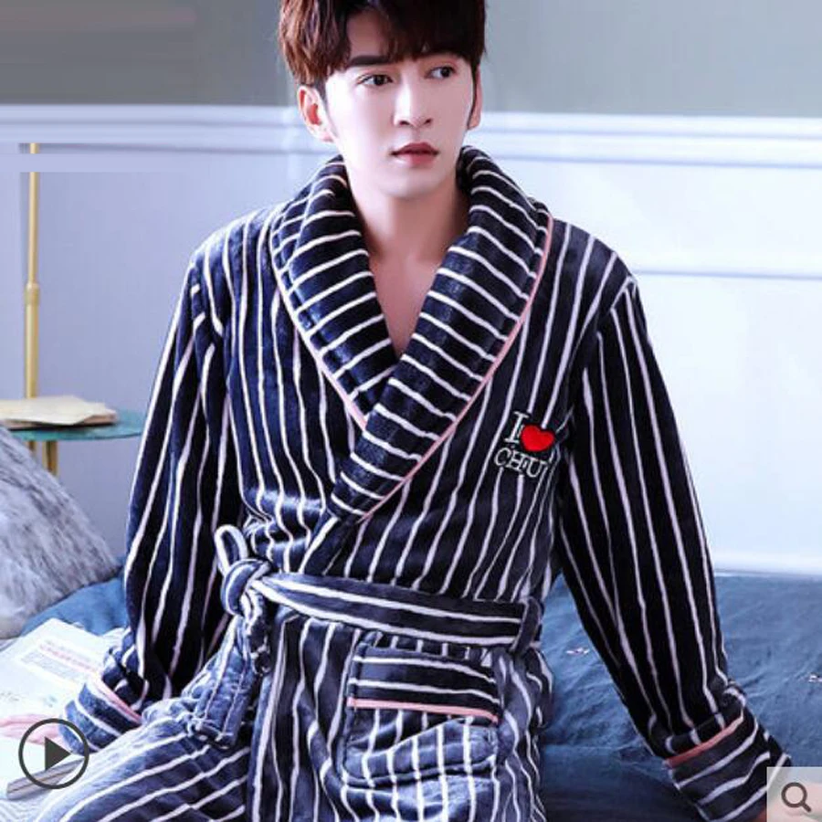 

Flannel Robe Male with Pocket Thick Warm Dressing Gown Men's Bathrobe Winter Long Robe Mens Bath Robe Pajamas Home Clothes