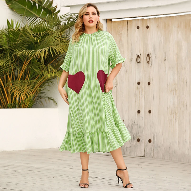 

Summer Women's Dress 2021 New Plus Size Clothing Ladies Short Sleeve Loose Casual Sweet Striped Pleats Flounces Prints Dress 4XL