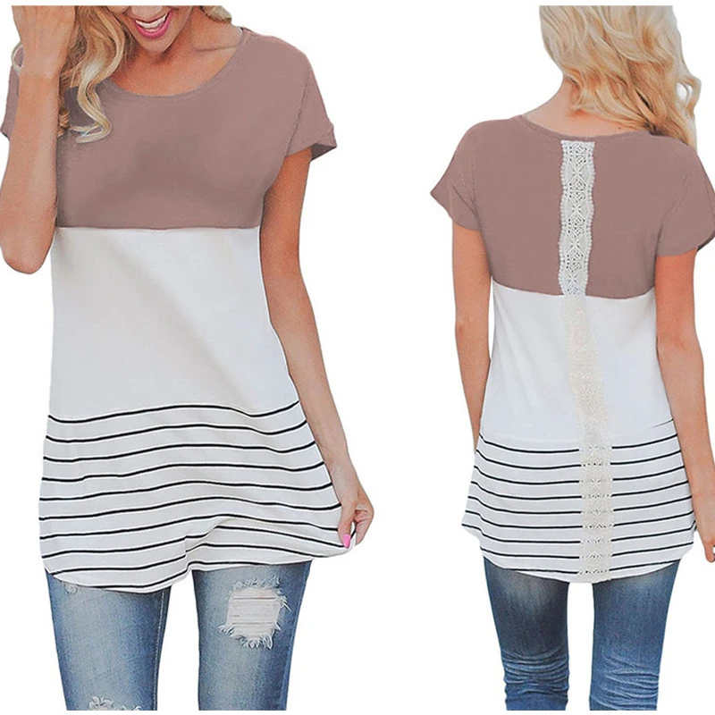 Женские летние топы новинка лоскутный кружевной топ с коротким рукавом 2019 блузка