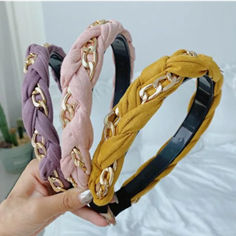 

Solid Weaving Braids Headband with Metal Chain Decorated Women New Hair Accessories Solid Hairband Toothed Not Slip Head Band