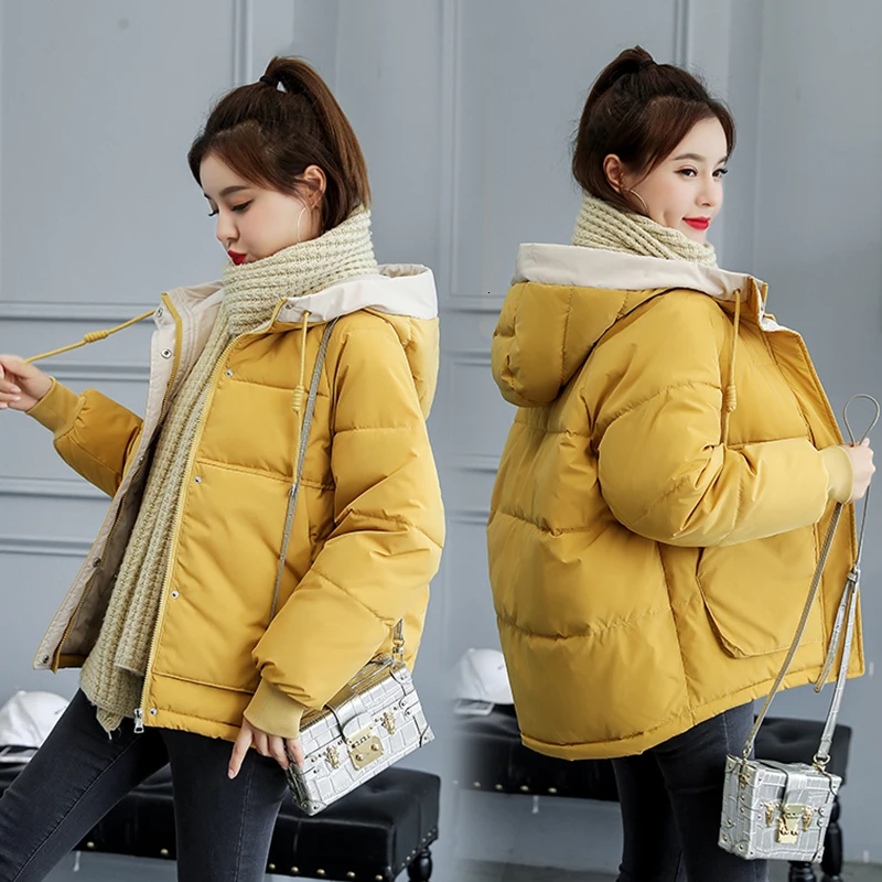 2021 New Student Winter Jacket Women Loose Coat Easy Small Down Cotton Green Blue Outwear | Женская одежда