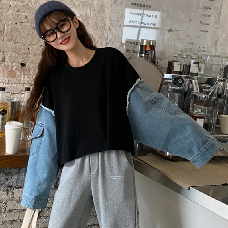 Женские свитшоты корейский шик Ulzzang джинсовая прошивка с круглым вырезом