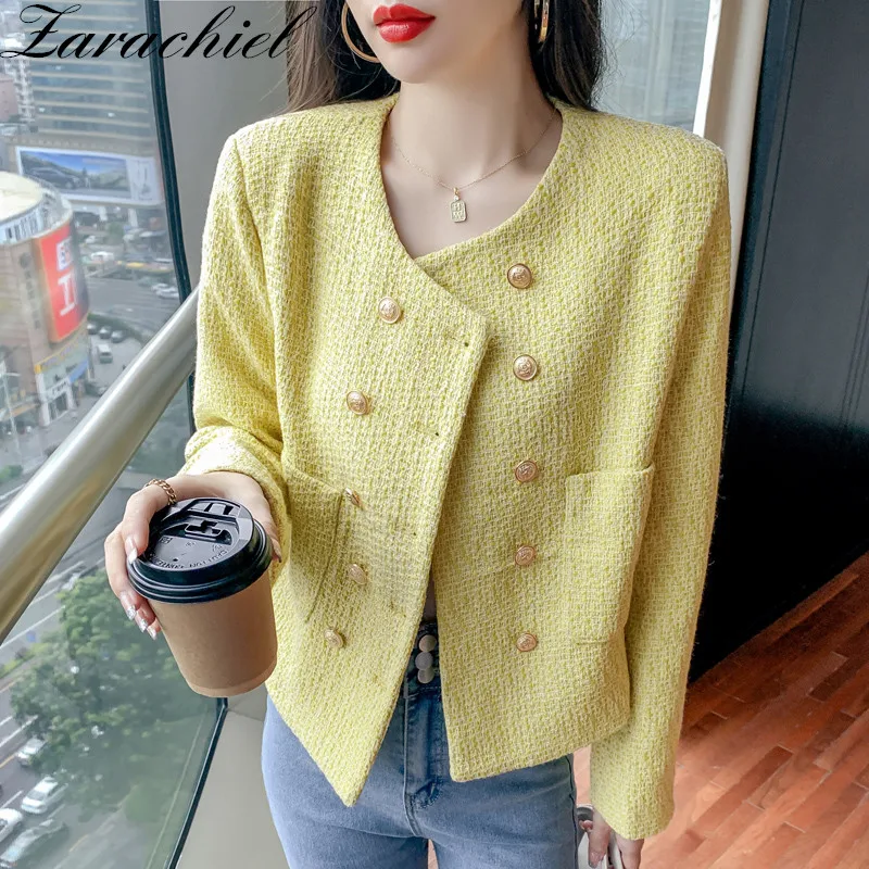 Женская твидовая двубортная куртка элегантный однотонный шерстяной жакет с