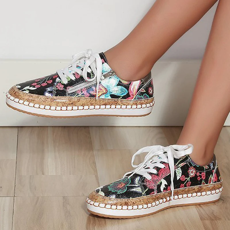 

Кроссовки женские из искусственной кожи, на плоской подошве, с цветочным принтом, с прошивкой, на молнии, 2021