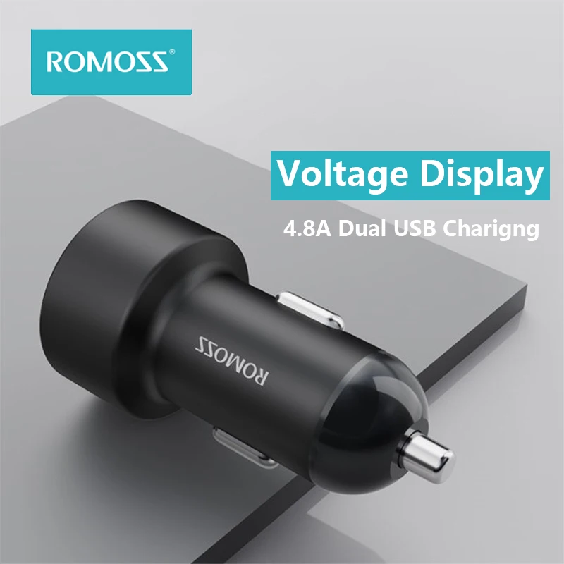 

ROMOSS Dual USB Car Charger Smart Voltage Display 4.8A Fast Charge For 12V-24V Car Alloy Car Charger Charging Protection