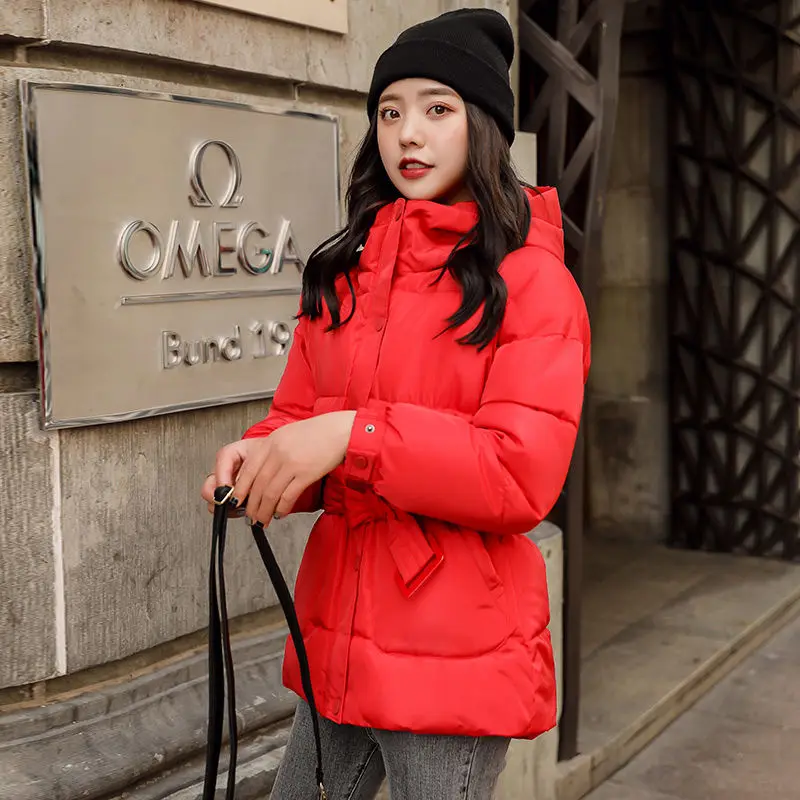 

Winter New Fashion Women Parkas Hooded Three Color Solid Zipper Single Breasted Women Coat Winter Thick Sashes Female Jacket