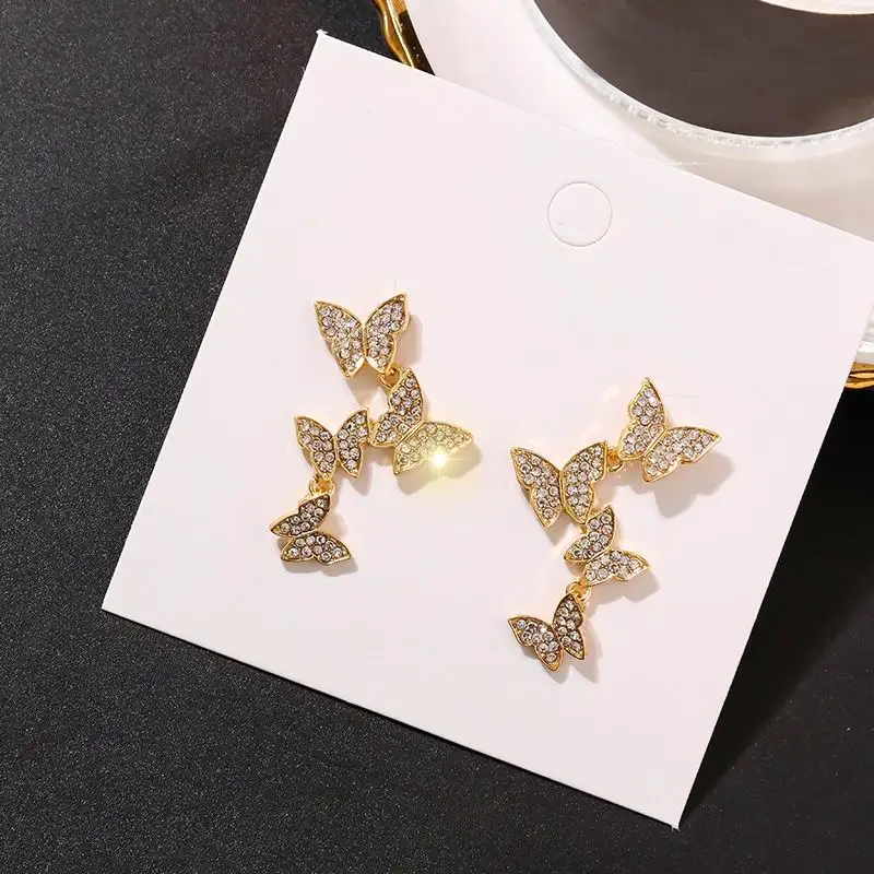Женские многослойные серьги подвески с бабочкой вечерние стразы