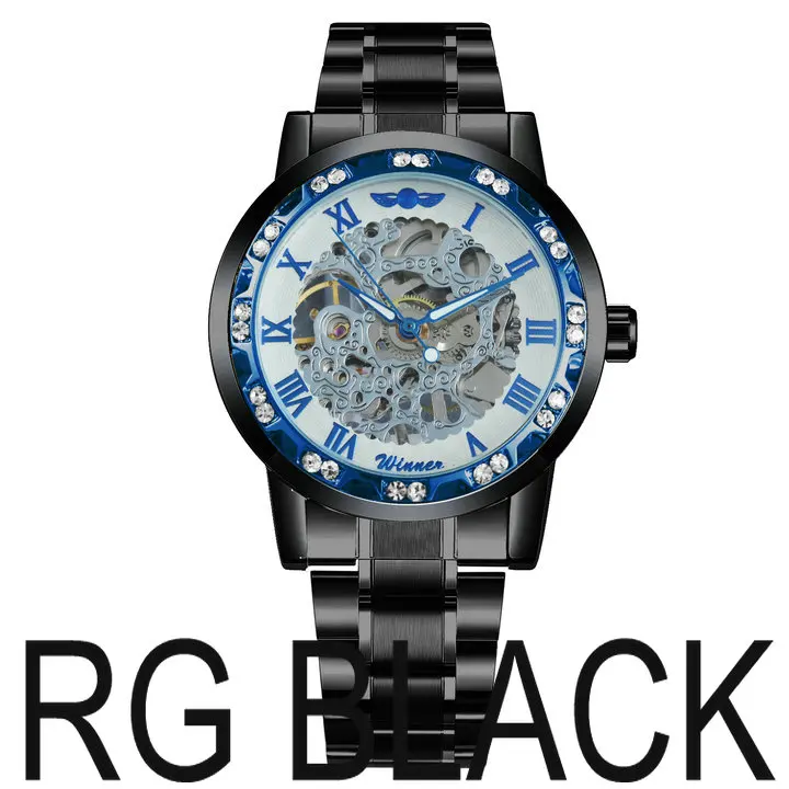 RG BLACK WINNER модные деловые механические мужские часы от ведущего бренда, роскошные часы со скелетонным циферблатом и кристаллами, наручные часы, Лидер продаж - Цвет: RG BLACK