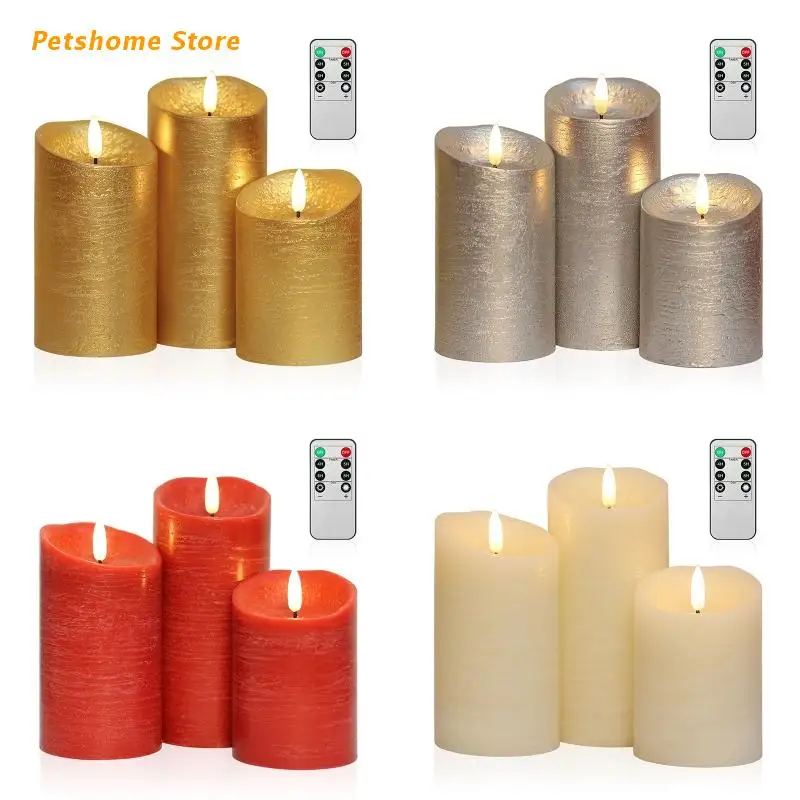 

LX9C 3Pcs/Set Battery Operated Flickering Flameless Candle Electric LED Real Wax Light with Remote Control Large Pillar Fake Tea