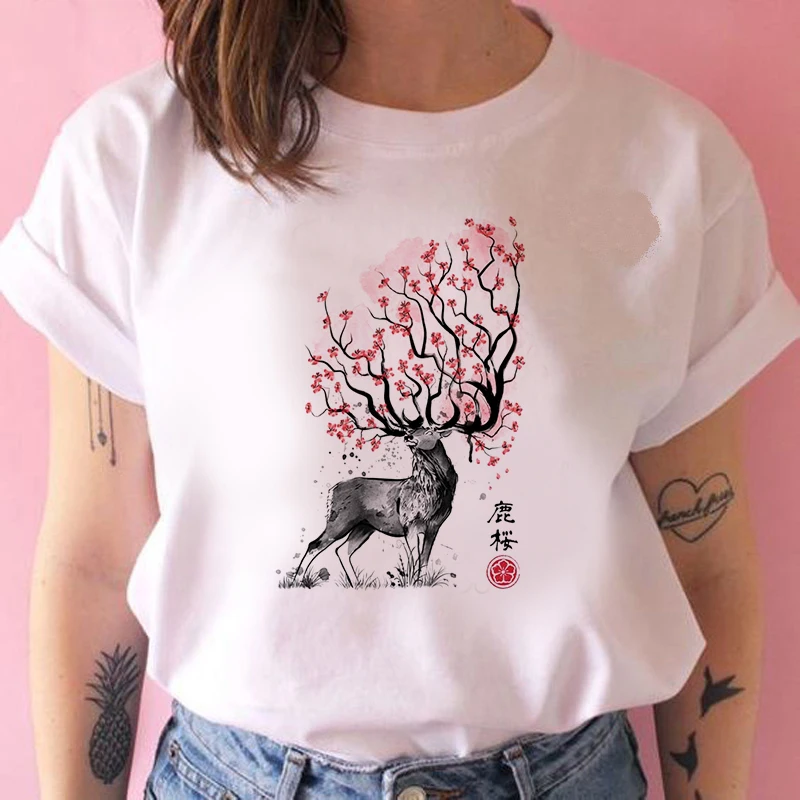 

Hand-painted T-shirt Graphic Vouge Sika deer head print tshirts women cool t shirt white Tee casual short tees topsHand-painted