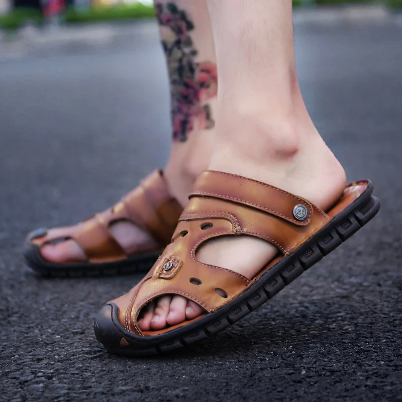 

SusuGrace Summer Men Sandals Outdoor Leather New Slippers Fashion Casual Nativity Footwear Non-slip Slippers Hombre Casual Shoes