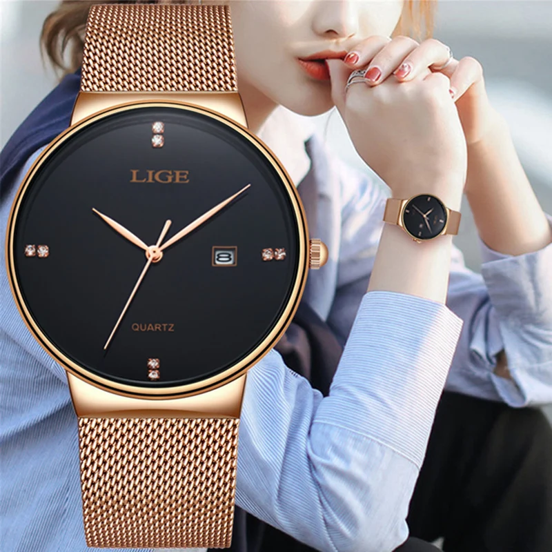 LIGE новинка женские часы полностью стальные простые Классические модные