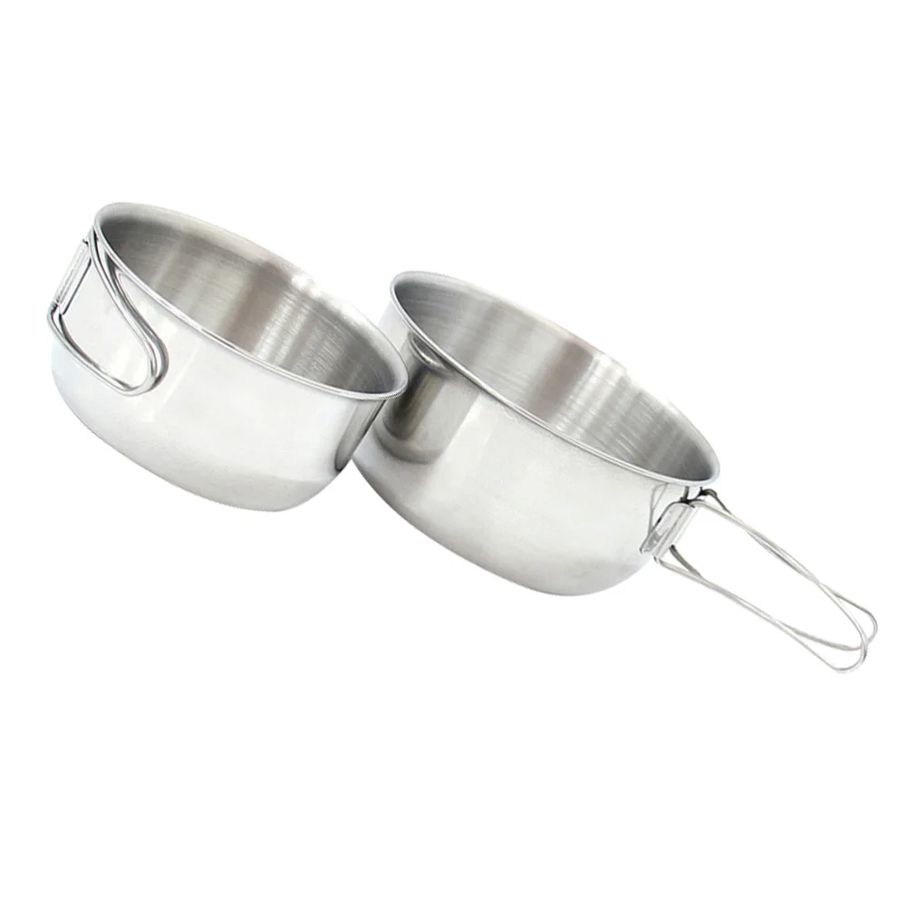 

2pcs Folding Handle Bowl Stainless Steel Tableware Bowls for Camping Outdoor