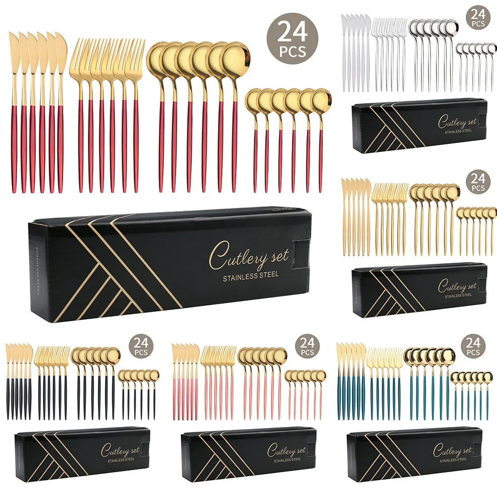 

Black Gold Dinnerware Set Fork Spoon Kn-ife Cutlery Set 24 Pieces Stainless Steel Cutlery Complete Gold Tableware Sets Kitchen