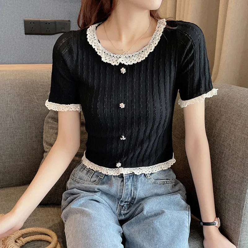 

Summer Women Clothing Top O-Neck Short Sleeves Short T Shirts Tee Shirt Women Solid Color Blouse Polyester Slim Harajuku Woman