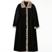 fashion mink collar coat sheepskin black winter luxury long loose thick warm real fur office wool overcoat high quality outwear