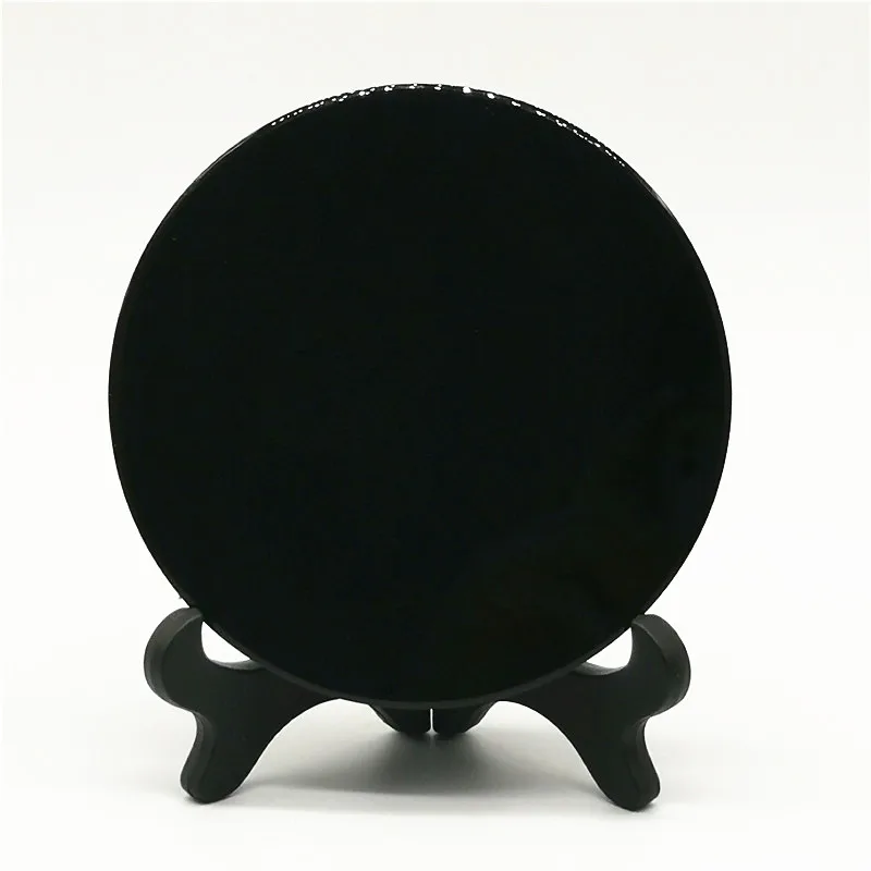 High Quality Natural Black Obsidian Stone Scrying Mirror Round Plate Fengshui Mirror For Home Decoration Gift With Shelf